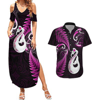 Personalised New Zealand Couples Summer Maxi Dress and Hawaiian Shirt Aotearoa Silver Fern With Manaia Maori Unique Pink - Wonder Print Shop