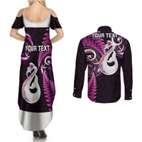 Personalised New Zealand Couples Summer Maxi Dress and Long Sleeve Button Shirts Aotearoa Silver Fern With Manaia Maori Unique Pink - Wonder Print Shop