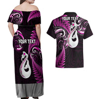 Personalised New Zealand Couples Off Shoulder Maxi Dress and Hawaiian Shirt Aotearoa Silver Fern With Manaia Maori Unique Pink - Wonder Print Shop