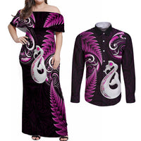 Personalised New Zealand Couples Off Shoulder Maxi Dress and Long Sleeve Button Shirts Aotearoa Silver Fern With Manaia Maori Unique Pink - Wonder Print Shop