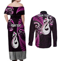 Personalised New Zealand Couples Off Shoulder Maxi Dress and Long Sleeve Button Shirts Aotearoa Silver Fern With Manaia Maori Unique Pink - Wonder Print Shop