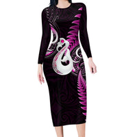 Personalised New Zealand Long Sleeve Bodycon Dress Aotearoa Silver Fern With Manaia Maori Unique Pink - Wonder Print Shop