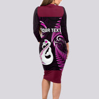 Personalised New Zealand Long Sleeve Bodycon Dress Aotearoa Silver Fern With Manaia Maori Unique Pink - Wonder Print Shop