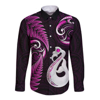 Personalised New Zealand Long Sleeve Button Shirt Aotearoa Silver Fern With Manaia Maori Unique Pink - Wonder Print Shop