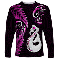 Personalised New Zealand Long Sleeve Shirt Aotearoa Silver Fern With Manaia Maori Unique Pink - Wonder Print Shop