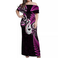 Personalised New Zealand Off Shoulder Maxi Dress Aotearoa Silver Fern With Manaia Maori Unique Pink - Wonder Print Shop