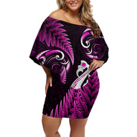 Personalised New Zealand Off Shoulder Short Dress Aotearoa Silver Fern With Manaia Maori Unique Pink - Wonder Print Shop