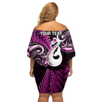 Personalised New Zealand Off Shoulder Short Dress Aotearoa Silver Fern With Manaia Maori Unique Pink - Wonder Print Shop