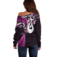 Personalised New Zealand Off Shoulder Sweater Aotearoa Silver Fern With Manaia Maori Unique Pink - Wonder Print Shop