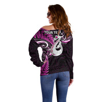 Personalised New Zealand Off Shoulder Sweater Aotearoa Silver Fern With Manaia Maori Unique Pink - Wonder Print Shop