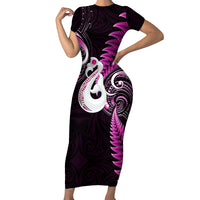 Personalised New Zealand Short Sleeve Bodycon Dress Aotearoa Silver Fern With Manaia Maori Unique Pink - Wonder Print Shop