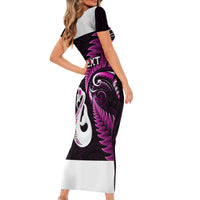 Personalised New Zealand Short Sleeve Bodycon Dress Aotearoa Silver Fern With Manaia Maori Unique Pink - Wonder Print Shop