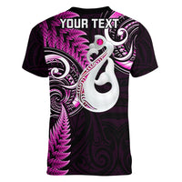 Personalised New Zealand Women V Neck T Shirt Aotearoa Silver Fern With Manaia Maori Unique Pink - Wonder Print Shop