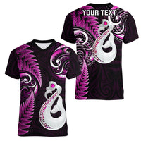 Personalised New Zealand Women V Neck T Shirt Aotearoa Silver Fern With Manaia Maori Unique Pink - Wonder Print Shop