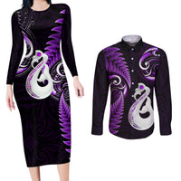 Personalised New Zealand Couples Long Sleeve Bodycon Dress and Long Sleeve Button Shirts Aotearoa Silver Fern With Manaia Maori Unique Purple - Wonder Print Shop