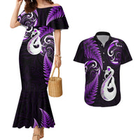 Personalised New Zealand Couples Mermaid Dress And Hawaiian Shirt Aotearoa Silver Fern With Manaia Maori Unique Purple - Wonder Print Shop