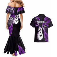 Personalised New Zealand Couples Mermaid Dress And Hawaiian Shirt Aotearoa Silver Fern With Manaia Maori Unique Purple - Wonder Print Shop