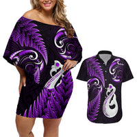 Personalised New Zealand Couples Off Shoulder Short Dress and Hawaiian Shirt Aotearoa Silver Fern With Manaia Maori Unique Purple - Wonder Print Shop