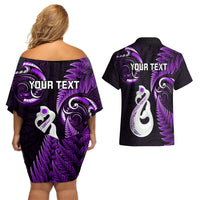 Personalised New Zealand Couples Off Shoulder Short Dress and Hawaiian Shirt Aotearoa Silver Fern With Manaia Maori Unique Purple - Wonder Print Shop