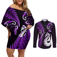 Personalised New Zealand Couples Off Shoulder Short Dress and Long Sleeve Button Shirts Aotearoa Silver Fern With Manaia Maori Unique Purple - Wonder Print Shop