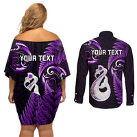 Personalised New Zealand Couples Off Shoulder Short Dress and Long Sleeve Button Shirts Aotearoa Silver Fern With Manaia Maori Unique Purple - Wonder Print Shop