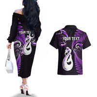 Personalised New Zealand Couples Off The Shoulder Long Sleeve Dress and Hawaiian Shirt Aotearoa Silver Fern With Manaia Maori Unique Purple - Wonder Print Shop