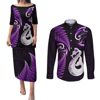 Personalised New Zealand Couples Puletasi Dress and Long Sleeve Button Shirts Aotearoa Silver Fern With Manaia Maori Unique Purple - Wonder Print Shop