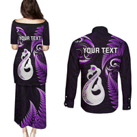 Personalised New Zealand Couples Puletasi Dress and Long Sleeve Button Shirts Aotearoa Silver Fern With Manaia Maori Unique Purple - Wonder Print Shop