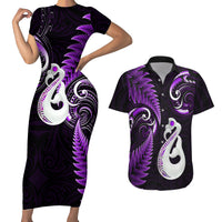 Personalised New Zealand Couples Short Sleeve Bodycon Dress and Hawaiian Shirt Aotearoa Silver Fern With Manaia Maori Unique Purple - Wonder Print Shop