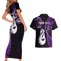 Personalised New Zealand Couples Short Sleeve Bodycon Dress and Hawaiian Shirt Aotearoa Silver Fern With Manaia Maori Unique Purple - Wonder Print Shop