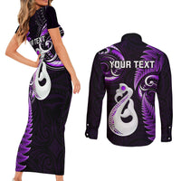 Personalised New Zealand Couples Short Sleeve Bodycon Dress and Long Sleeve Button Shirts Aotearoa Silver Fern With Manaia Maori Unique Purple - Wonder Print Shop