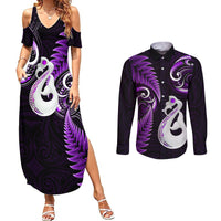 Personalised New Zealand Couples Summer Maxi Dress and Long Sleeve Button Shirts Aotearoa Silver Fern With Manaia Maori Unique Purple - Wonder Print Shop