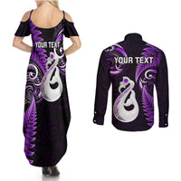 Personalised New Zealand Couples Summer Maxi Dress and Long Sleeve Button Shirts Aotearoa Silver Fern With Manaia Maori Unique Purple - Wonder Print Shop