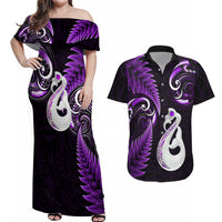 Personalised New Zealand Couples Off Shoulder Maxi Dress and Hawaiian Shirt Aotearoa Silver Fern With Manaia Maori Unique Purple - Wonder Print Shop