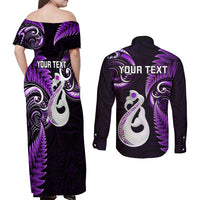 Personalised New Zealand Couples Off Shoulder Maxi Dress and Long Sleeve Button Shirts Aotearoa Silver Fern With Manaia Maori Unique Purple - Wonder Print Shop
