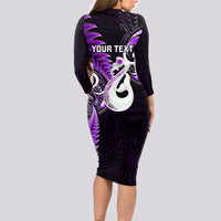 Personalised New Zealand Long Sleeve Bodycon Dress Aotearoa Silver Fern With Manaia Maori Unique Purple - Wonder Print Shop