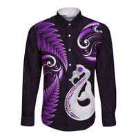 Personalised New Zealand Long Sleeve Button Shirt Aotearoa Silver Fern With Manaia Maori Unique Purple - Wonder Print Shop