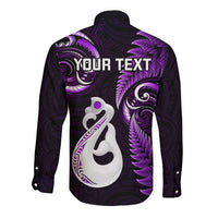 Personalised New Zealand Long Sleeve Button Shirt Aotearoa Silver Fern With Manaia Maori Unique Purple - Wonder Print Shop