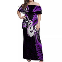 Personalised New Zealand Off Shoulder Maxi Dress Aotearoa Silver Fern With Manaia Maori Unique Purple - Wonder Print Shop
