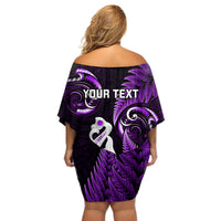 Personalised New Zealand Off Shoulder Short Dress Aotearoa Silver Fern With Manaia Maori Unique Purple - Wonder Print Shop