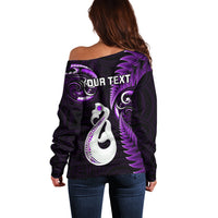 Personalised New Zealand Off Shoulder Sweater Aotearoa Silver Fern With Manaia Maori Unique Purple - Wonder Print Shop