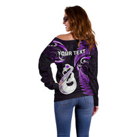 Personalised New Zealand Off Shoulder Sweater Aotearoa Silver Fern With Manaia Maori Unique Purple - Wonder Print Shop