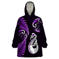 Personalised New Zealand Wearable Blanket Hoodie Aotearoa Silver Fern With Manaia Maori Unique Purple - Wonder Print Shop