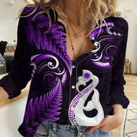 Personalised New Zealand Women Casual Shirt Aotearoa Silver Fern With Manaia Maori Unique Purple - Wonder Print Shop