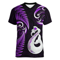 Personalised New Zealand Women V Neck T Shirt Aotearoa Silver Fern With Manaia Maori Unique Purple - Wonder Print Shop