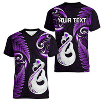 Personalised New Zealand Women V Neck T Shirt Aotearoa Silver Fern With Manaia Maori Unique Purple - Wonder Print Shop