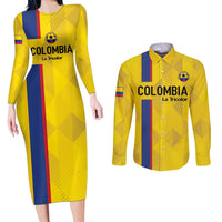 Custom Colombia Football Couples Matching Long Sleeve Bodycon Dress and Long Sleeve Button Shirt 2024 Vamos La Tricolor - Yellow - Wonder Print Shop