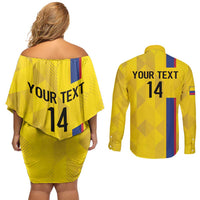 Custom Colombia Football Couples Matching Off Shoulder Short Dress and Long Sleeve Button Shirt 2024 Vamos La Tricolor - Yellow - Wonder Print Shop