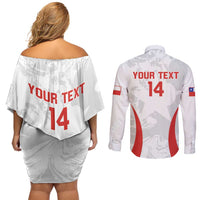 Custom Chile Football Couples Matching Off Shoulder Short Dress and Long Sleeve Button Shirt 2024 Vamos La Roja - White - Wonder Print Shop