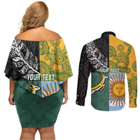 Personalised Rugby 2025 Championship Couples Matching Off Shoulder Short Dress and Long Sleeve Button Shirt Combination of Southern Hemisphere Countries - Wonder Print Shop